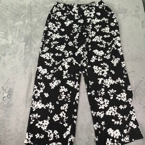 Black White Floral Wide Leg Pants L Pull On Relaxed Casual Lounge Full Length Lg